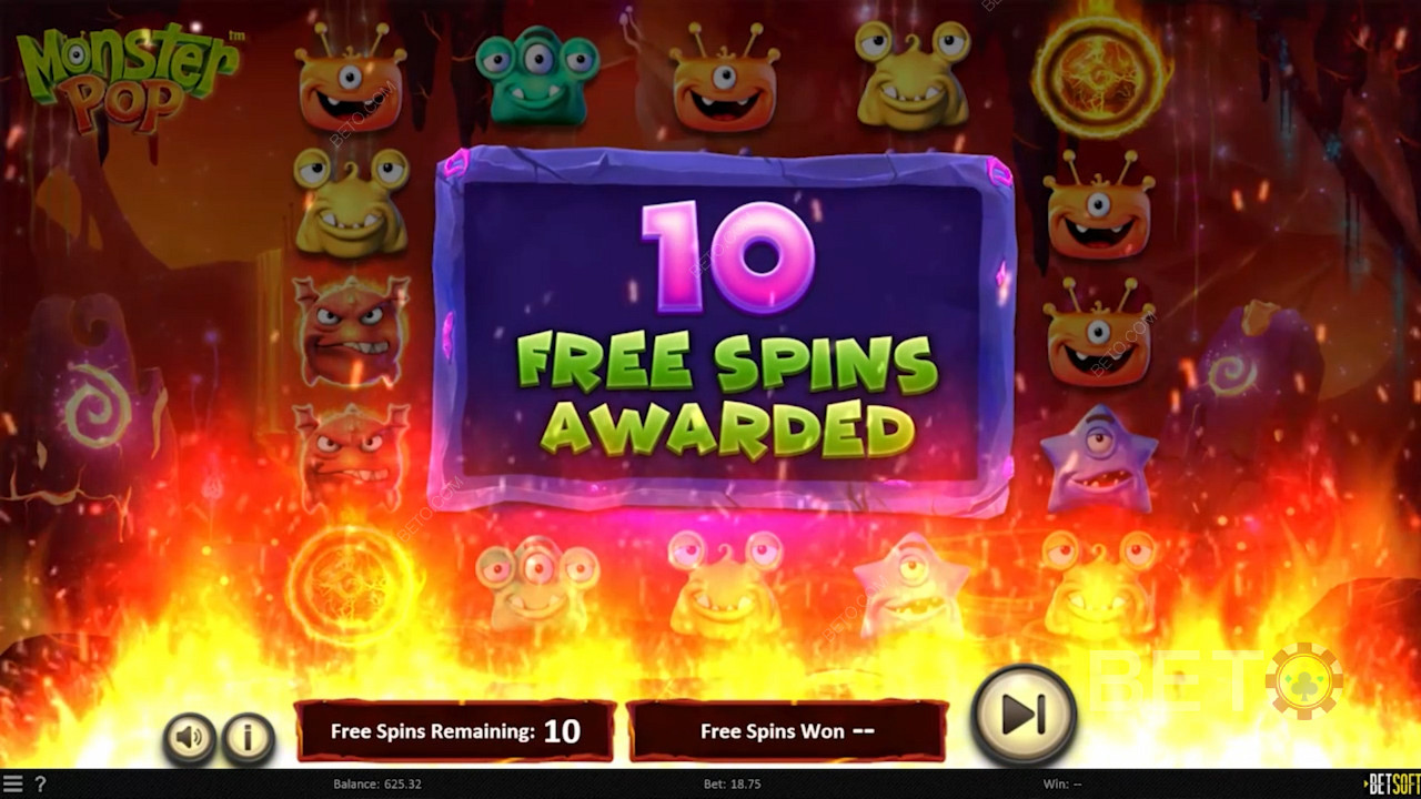Land 3 Scatters and enjoy 10 Free Spins in Monster Pop slot