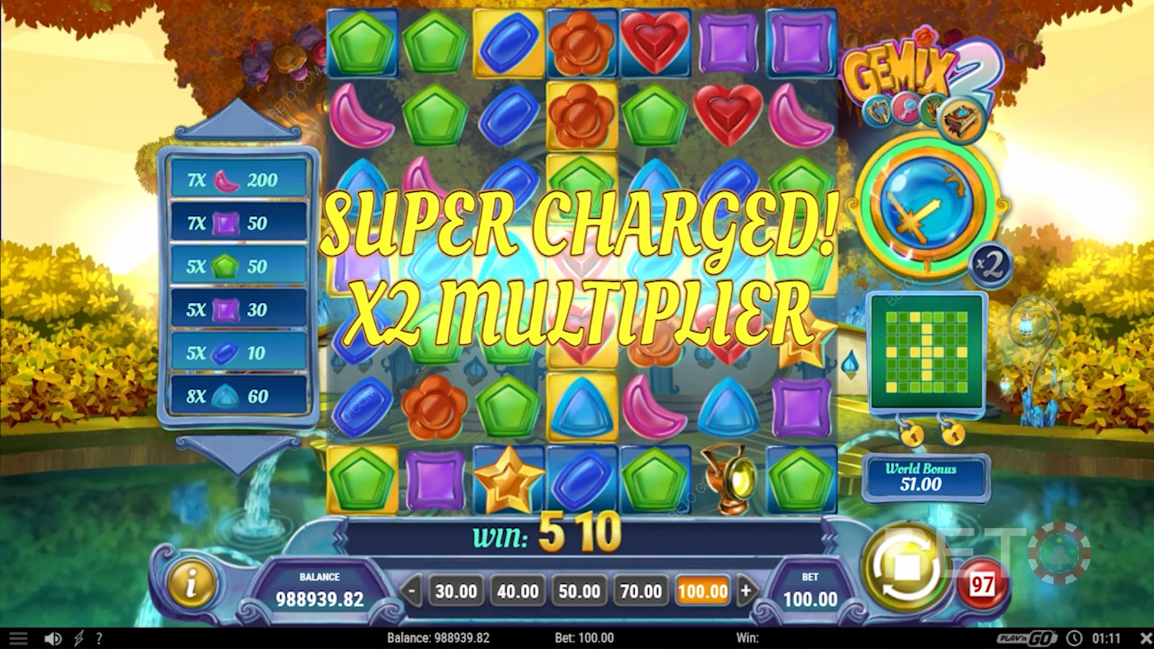 Enjoy all 4 Crystal Charge effects with a 2x multiplier by collecting 50 winning symbols