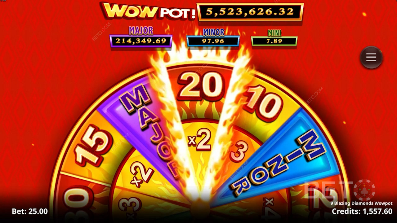 Take a shot at insane Wowpot Jackpot prizes in the 9 Blazing Diamonds Wowpot slot