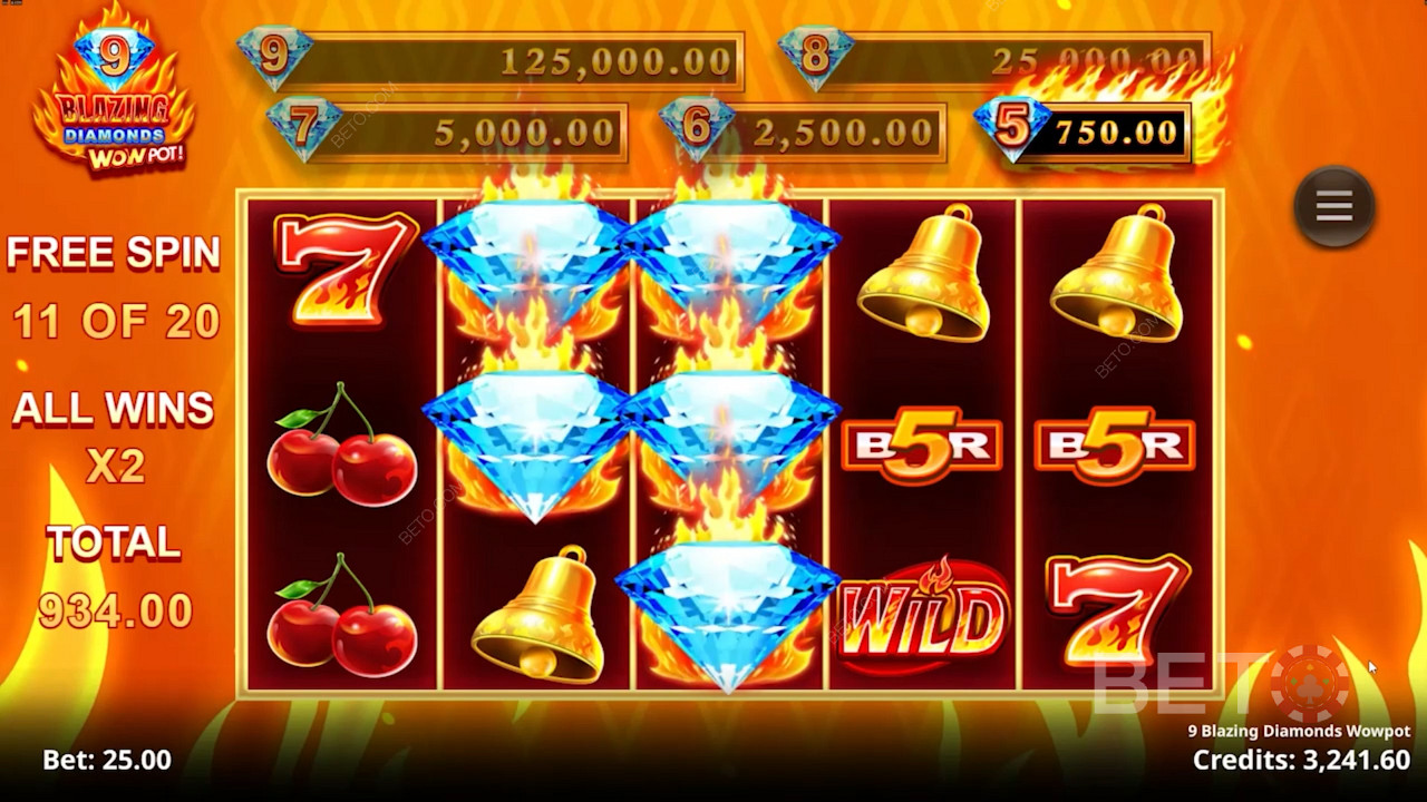 Discover exciting Free Spin Bonuses and cash prizes in the 9 Blazing Diamonds Wowpot slot