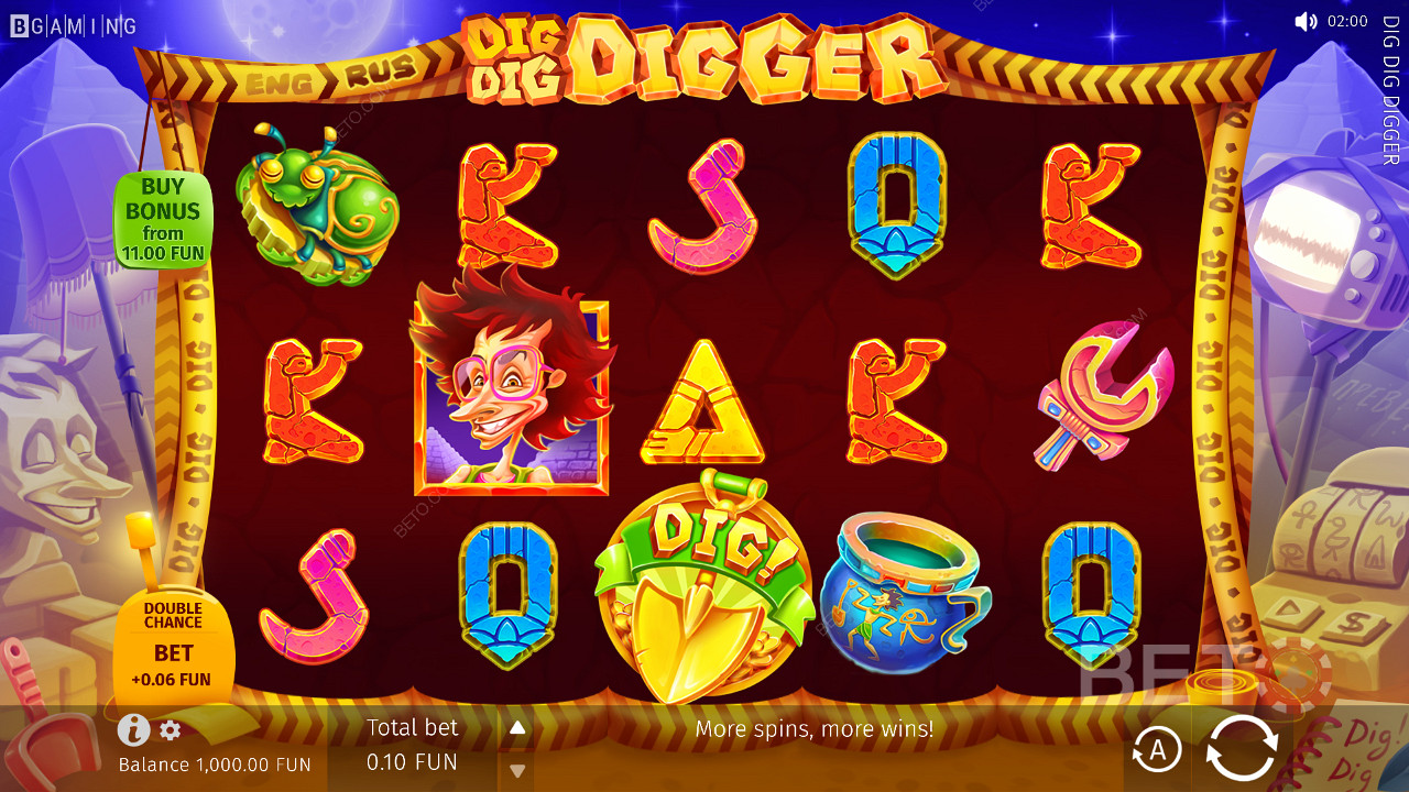 This slot is based on a treasure mining theme, set near the Egyptian Pyramids
