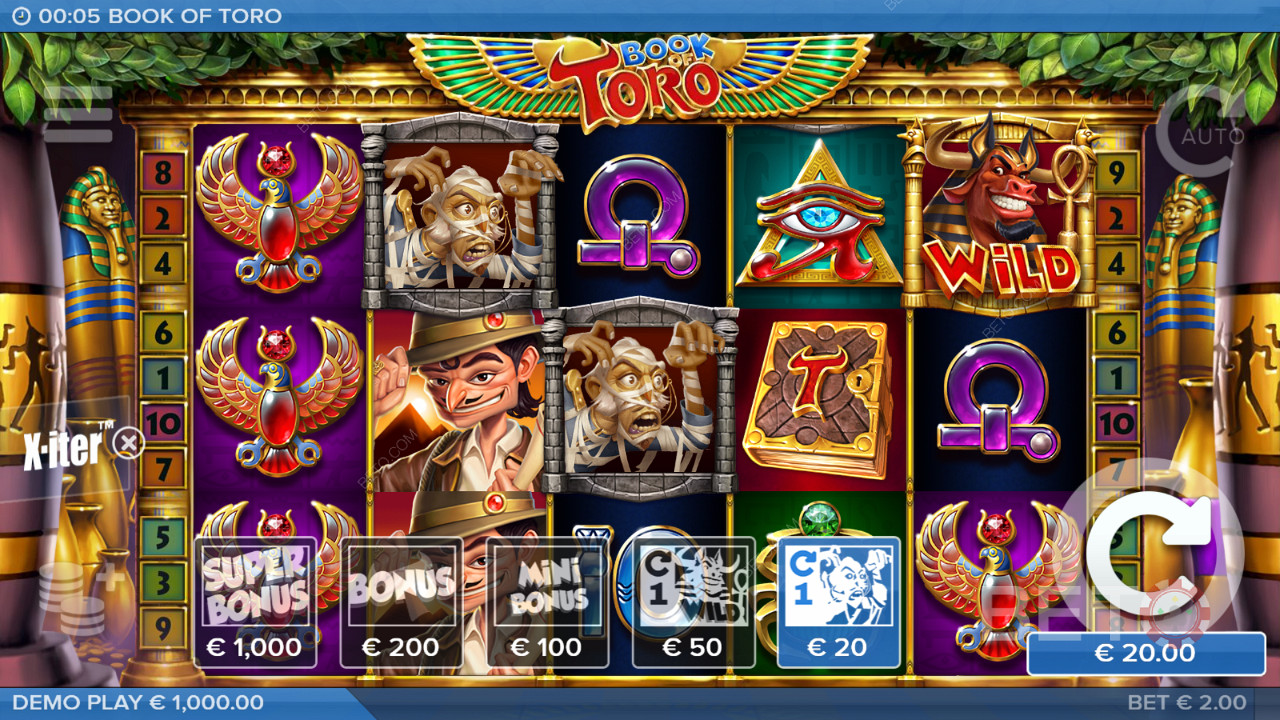 Use the X-iter feature to trigger Bonus Features in Book of Toro slot