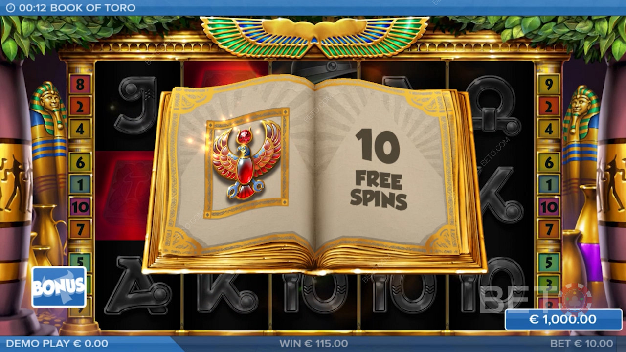 Land 3 Scatters and enjoy 10 Free Spins in Book of Toro slot