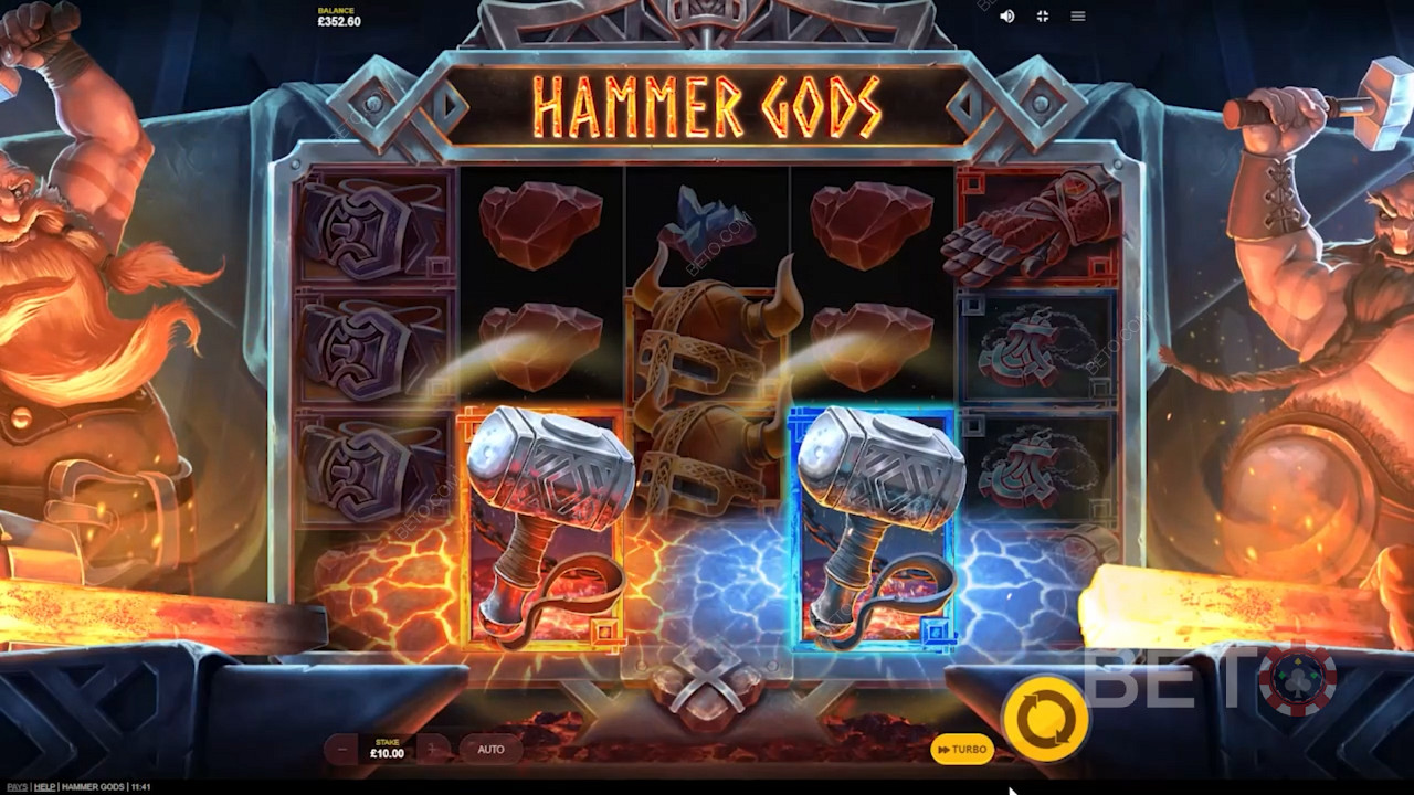 Land the red and blue hammer to trigger Free Spins in Hammer Gods slot
