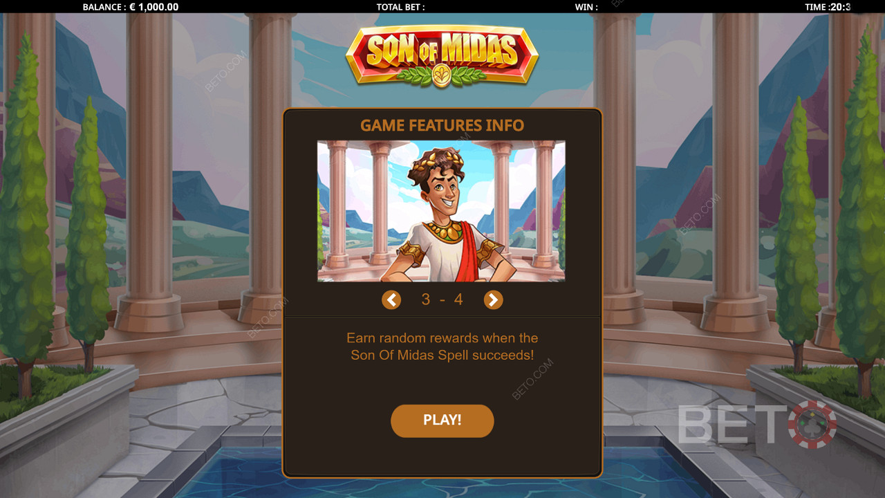 Startskærm der viser brugbare informationer om Son of Midas spillemaskinen