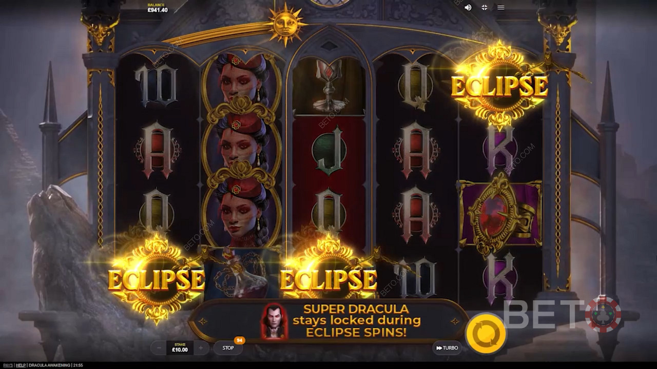 Land 3 eclipse symbols or Scatters to trigger 7 Free Spins in Dracula Awakening slot