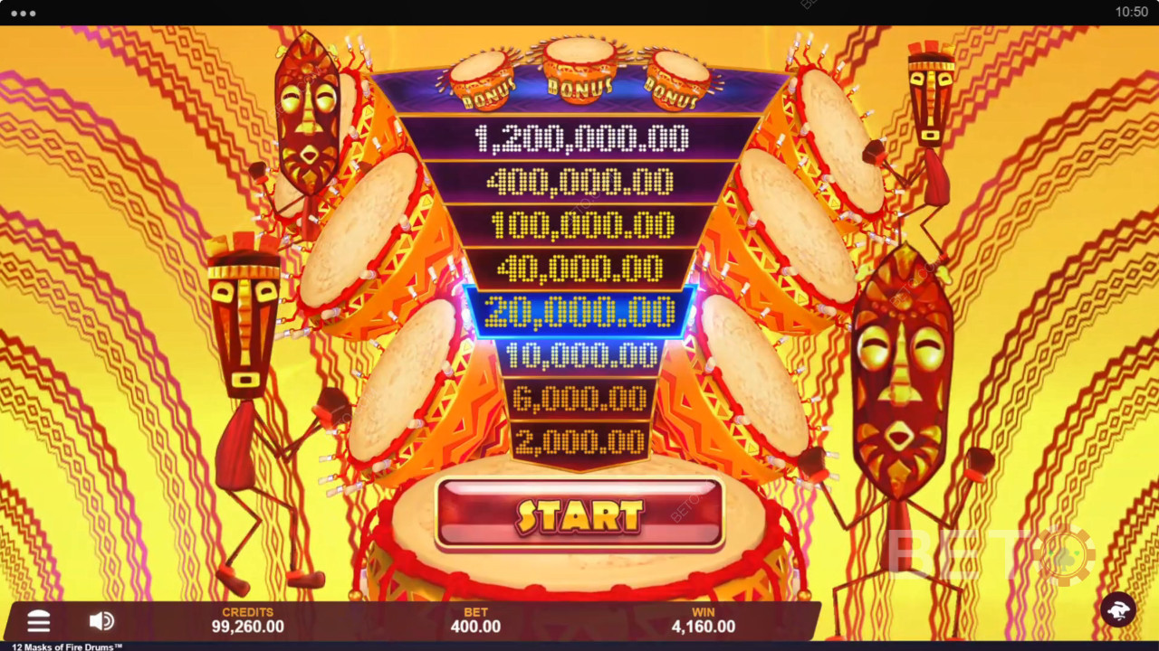 Win 3,125x Your bet in the 12 Masks of Fire Drums Slot Machine!