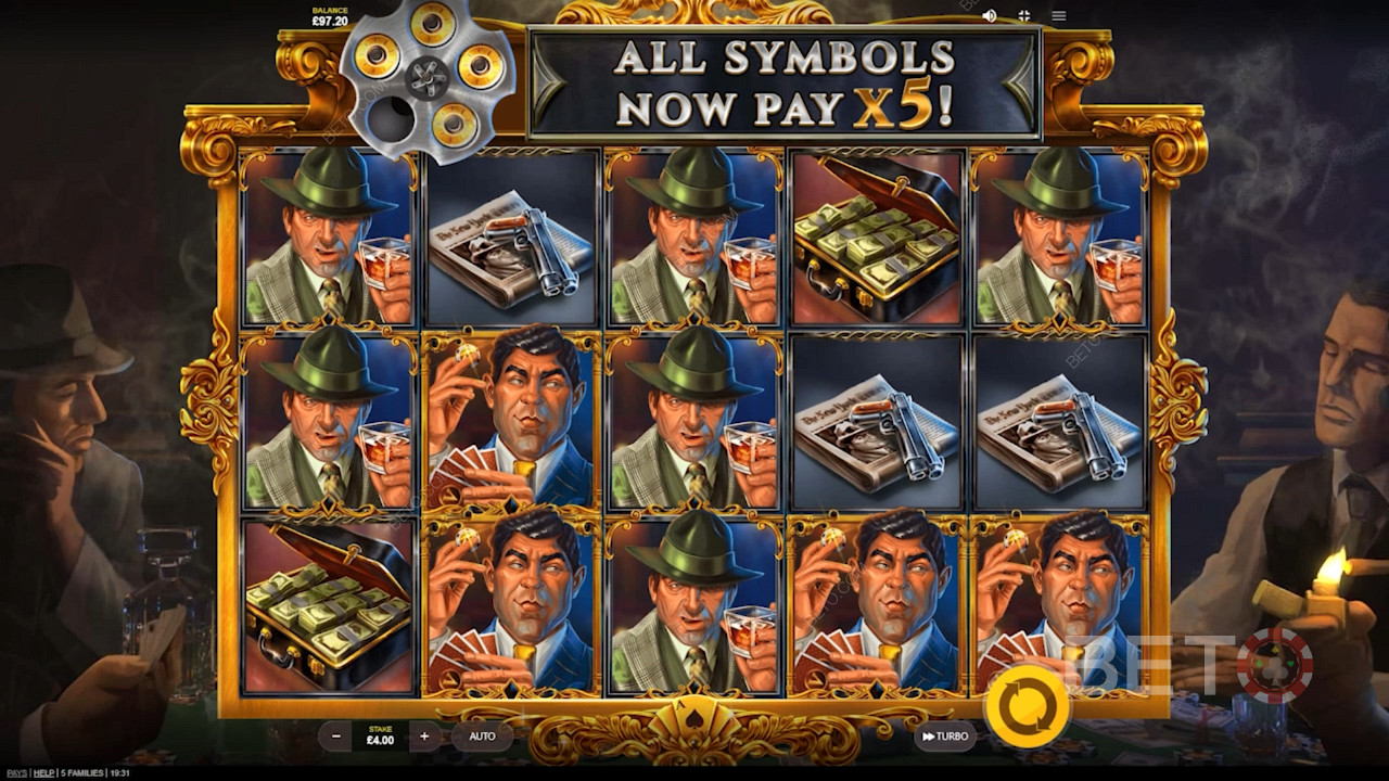 Enjoy 5x the symbol payouts in the VIP Room in the 5 Families video slot