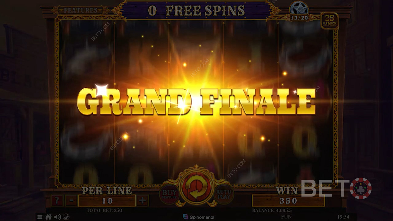 The “Grand Finale” activates on the last Free Spin to notably boost your winning odds