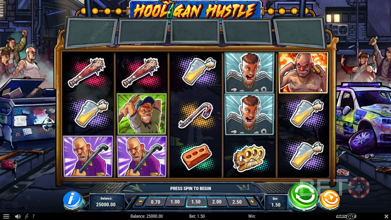 Enjoy several powerful features like the Free Spins feature in the Hooligan Hustle slot
