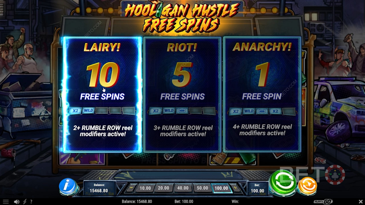 Choose the type of Free Spin in the Hooligan Hustle slot machine