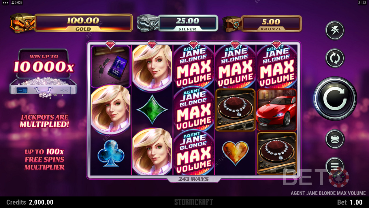 Enjoy the increasing Multiplier Trail in Free Spins in Agent Jane Blonde Max Volume slot