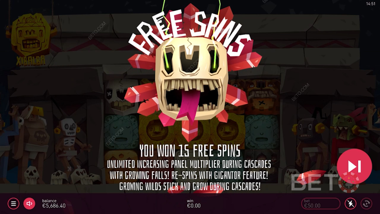 Land 3 Scatters and trigger 15 Free Spins in the Xibalba slot machine