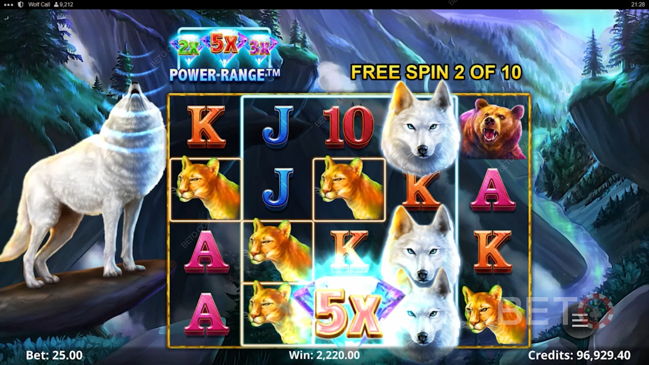 Activate the Bonus Game mode to win 10 Free Spins and bonuses in the Wolf Call slot
