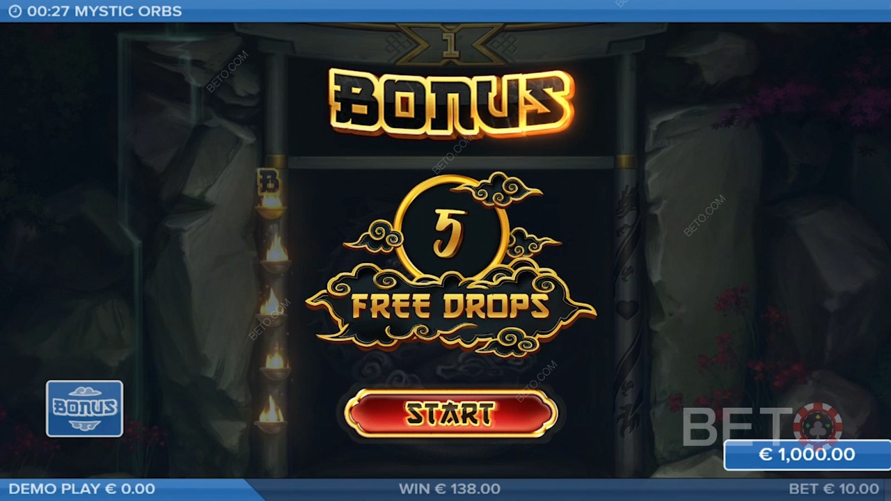 Land 5 Orb symbols to activate Bonus Game and obtain 5 Free Spins
