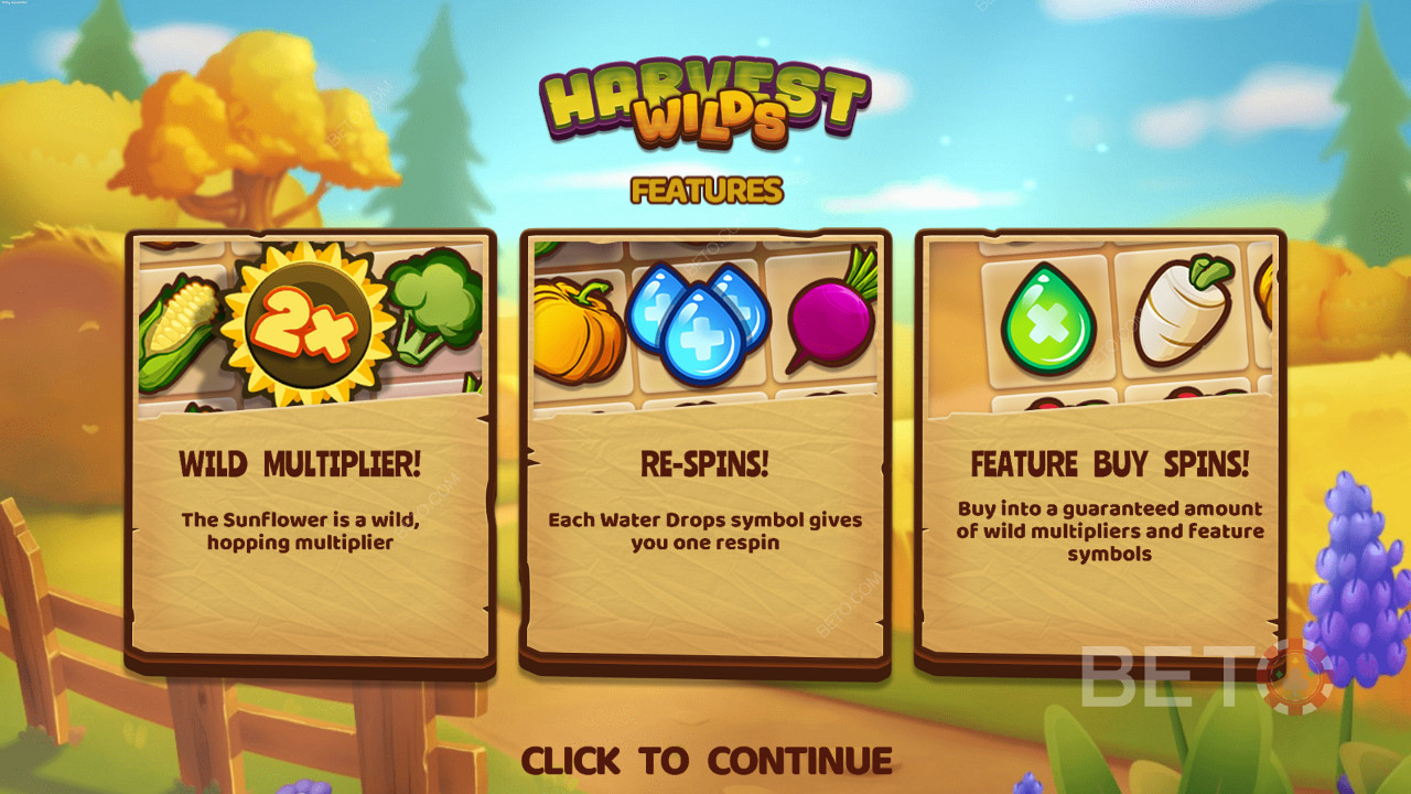 Enjoy Wild Multipliers, Respins, and Bonus Buy feature in Harvest Wilds slot