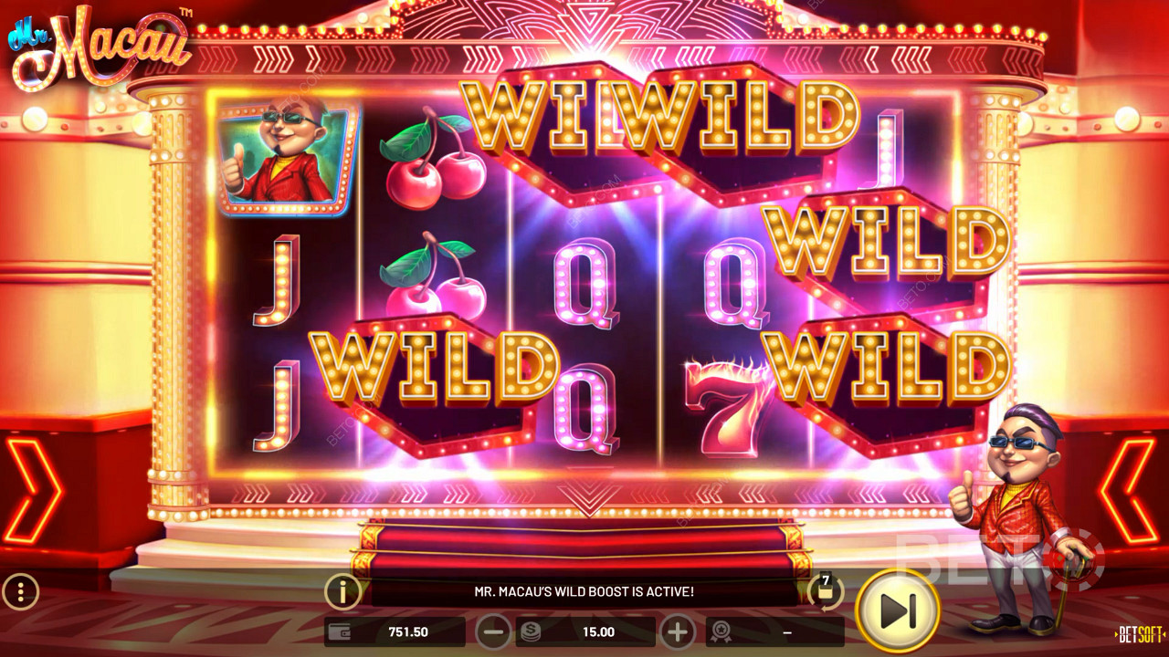 Get a random number of Sticky Wilds through the Mr Macau’s Wild Boost feature
