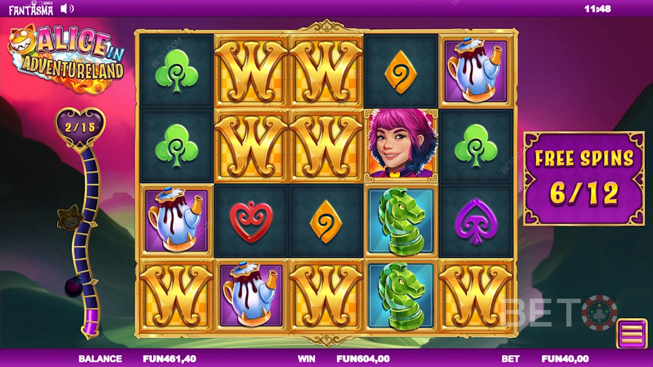 Create easy winning combinations through Free Spins in Alice in Adventureland online slot