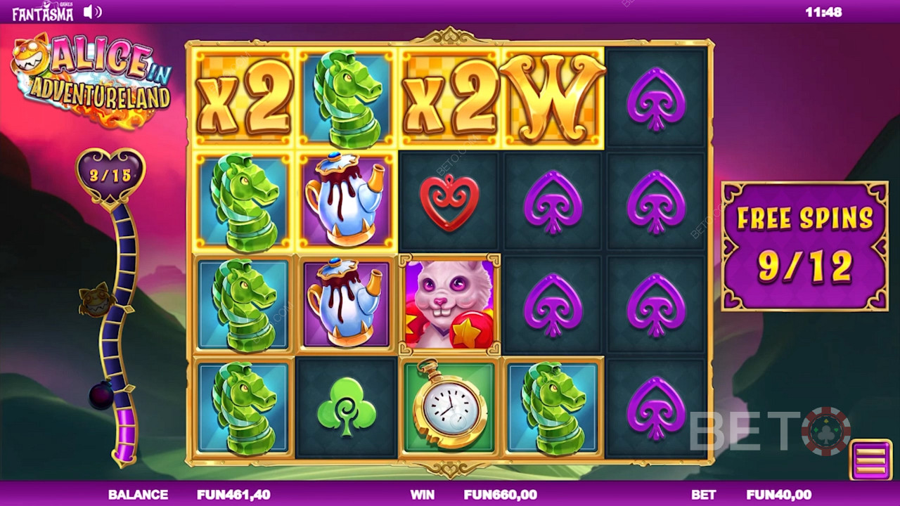 Enjoy Free Spins, Rocketkat, Ultrabomb, and other features in Alice in Adventureland slot