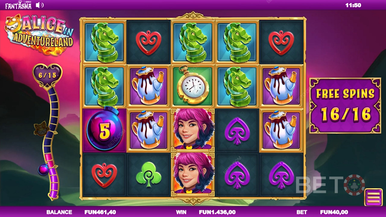 Collect Scatters and activate features in the Free Spins in Alice in Adventureland slot