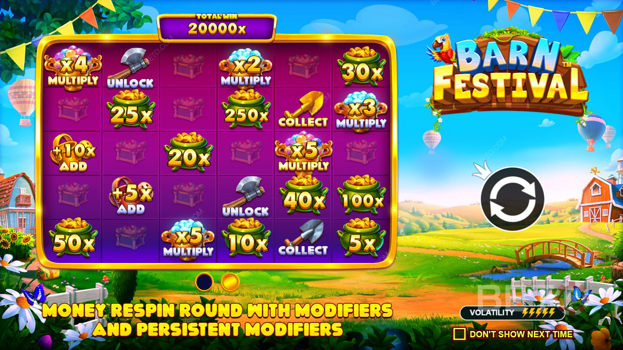 Enjoy the Respins feature with several special symbols in the Barn Festival slot