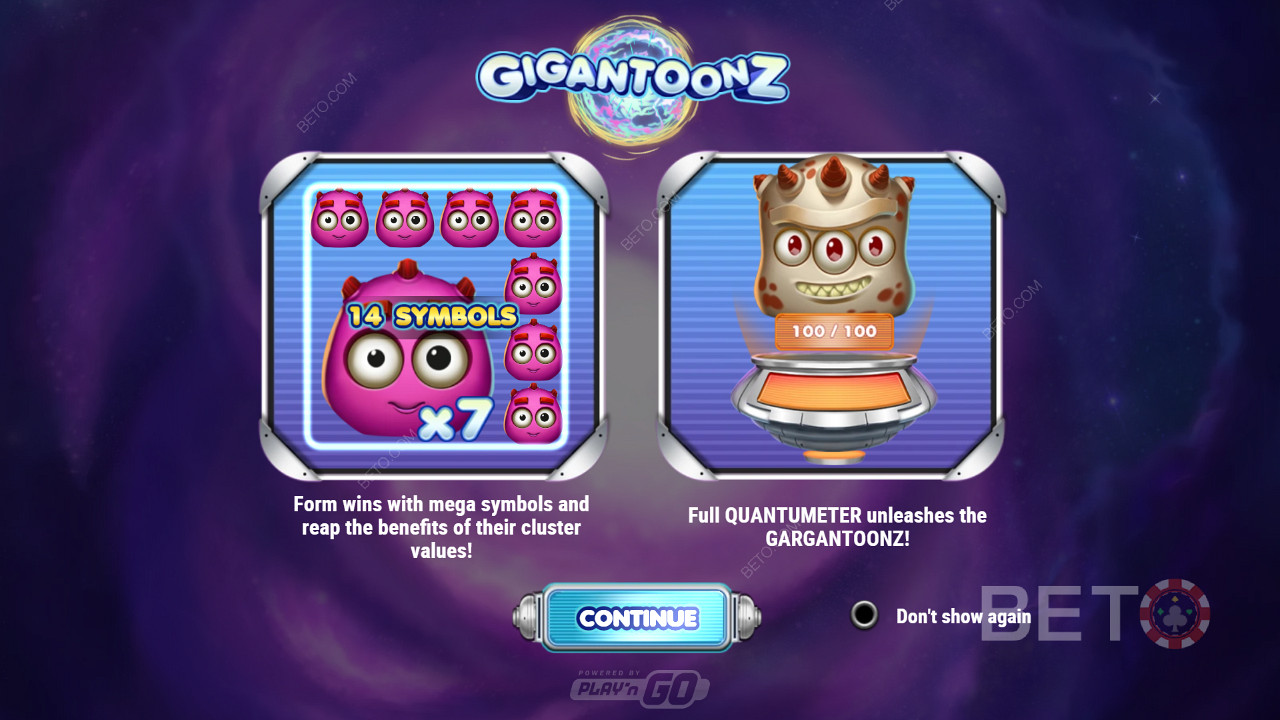 Enjoy Mega symbols, 4 modifiers, and cluster wins in the Gigantoonz slot