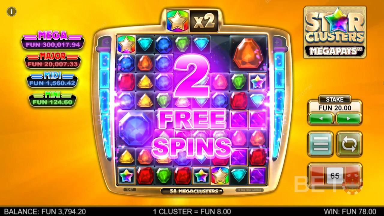 5 or more Reactions trigger Free Spins in the Star Clusters Megapays slot