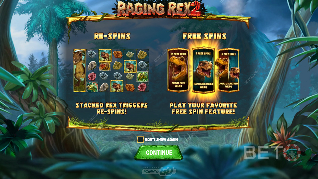 Enjoy Respins and 3 types of Free Spins in the Raging Rex 2 slot