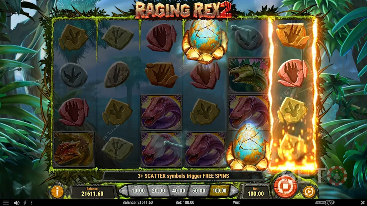 At least 3 Triggering Scatters are required to trigger Free Spins in Raging Rex 2 slot