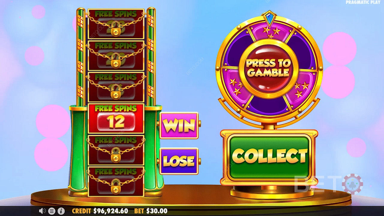 Spin the wheel in the Gamble Feature to unlock bonus Free Spins