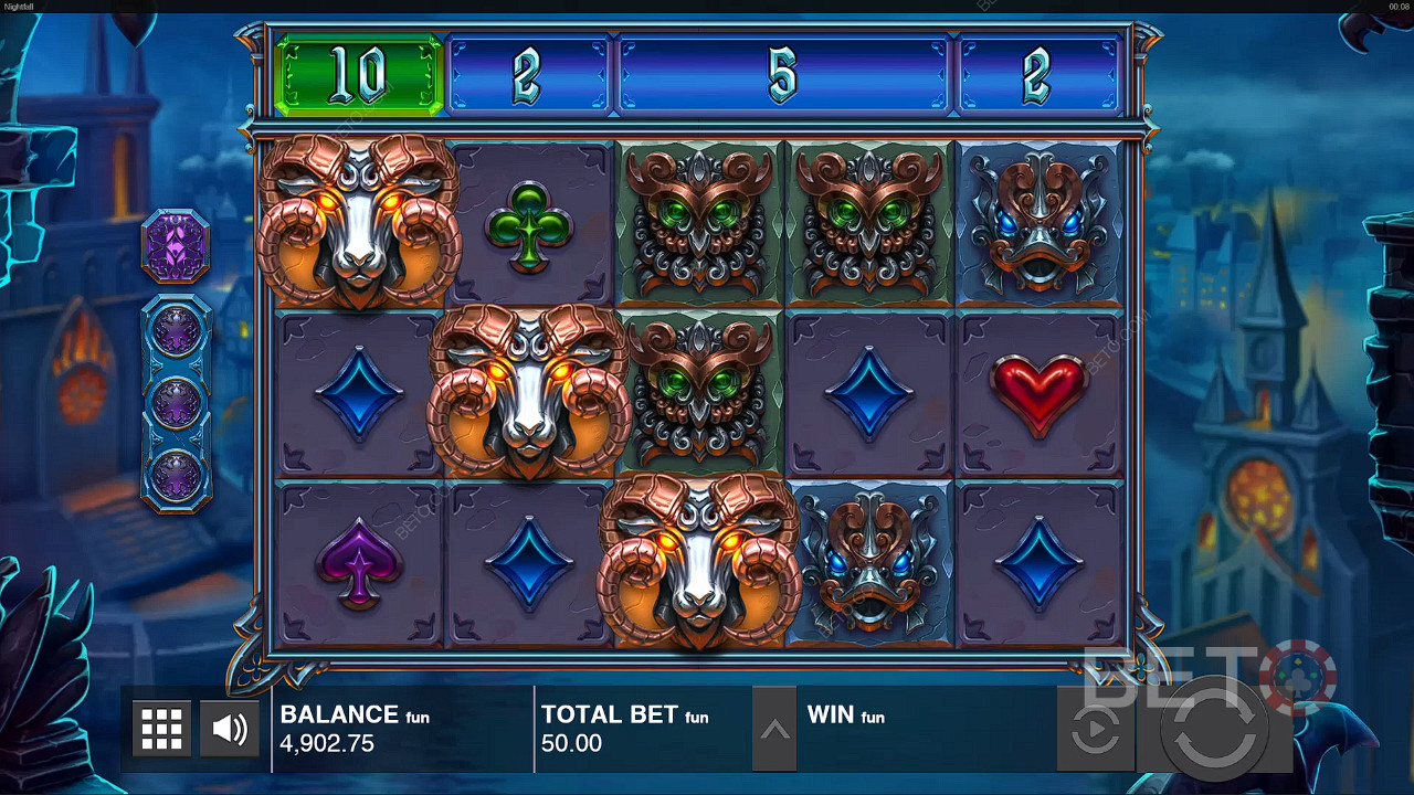 Land matching symbols from left to right to get a win in the Nightfall slot machine