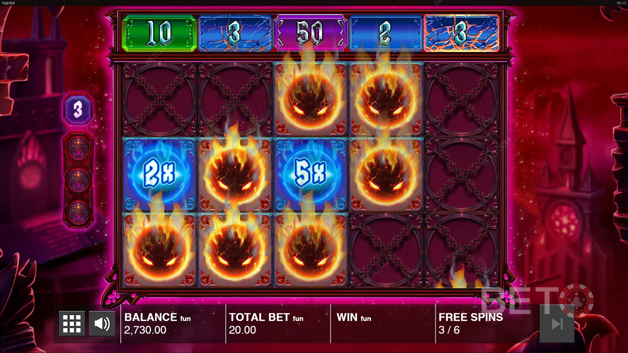 Only Fireball, Fireball Multiplier,  and Fire Orb symbols appear during the Free Spins