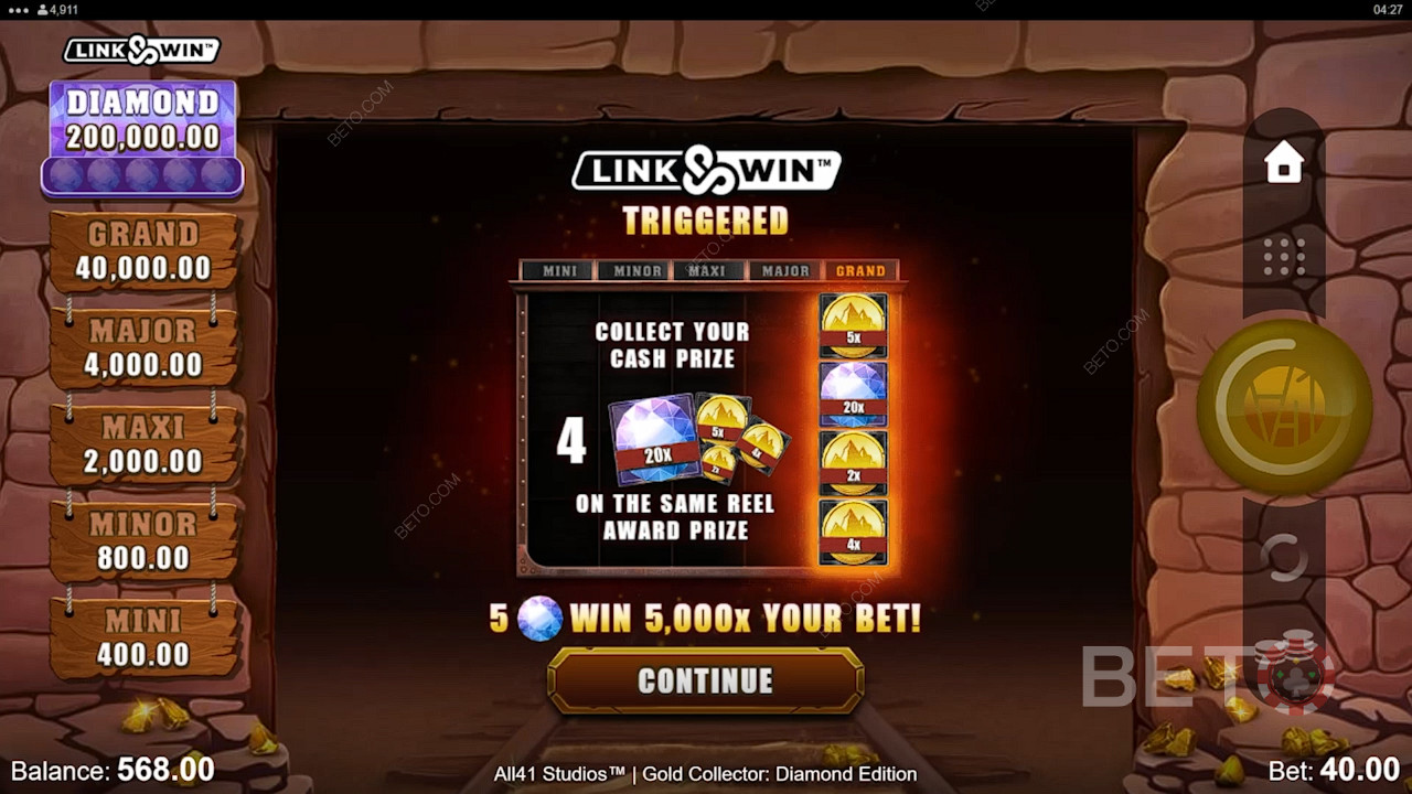 Activate the Link Win feature by landing 3 or more Coins and Diamonds 
