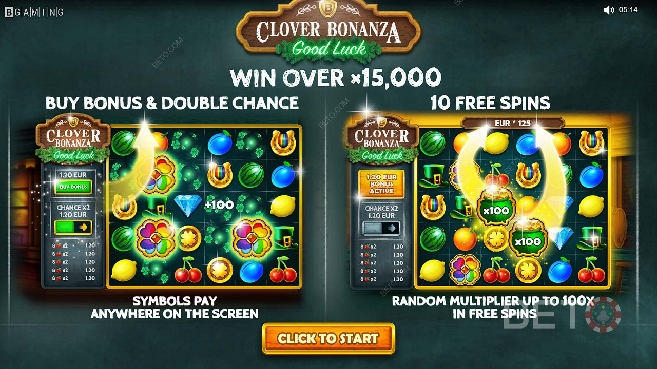 Enjoy Buy Bonus, Double Chance, and Free Spins features in the Clover Bonanza slot
