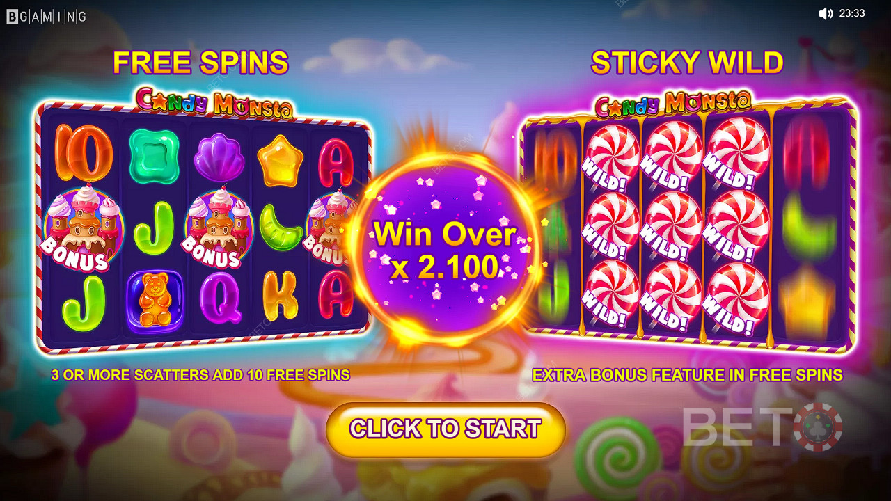 Play Candy Monsta Slot - now for a chance to win cash prizes worth 1,000x the total bet