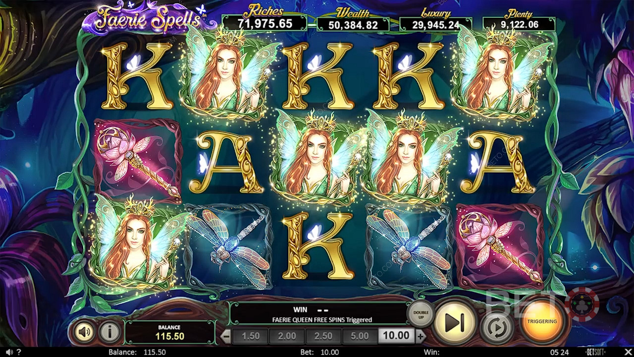 3 or more Faerie Queen symbols will trigger the Free Spins round