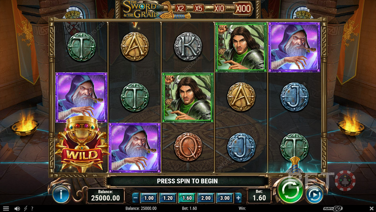 The Wild may appear with a Multiplier worth up to 100x in The Sword and The Grail slot