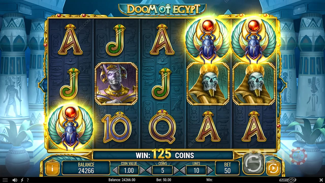 Trigger the Free Spins by landing 3  or more Scatters in the Doom of Egypt online slot