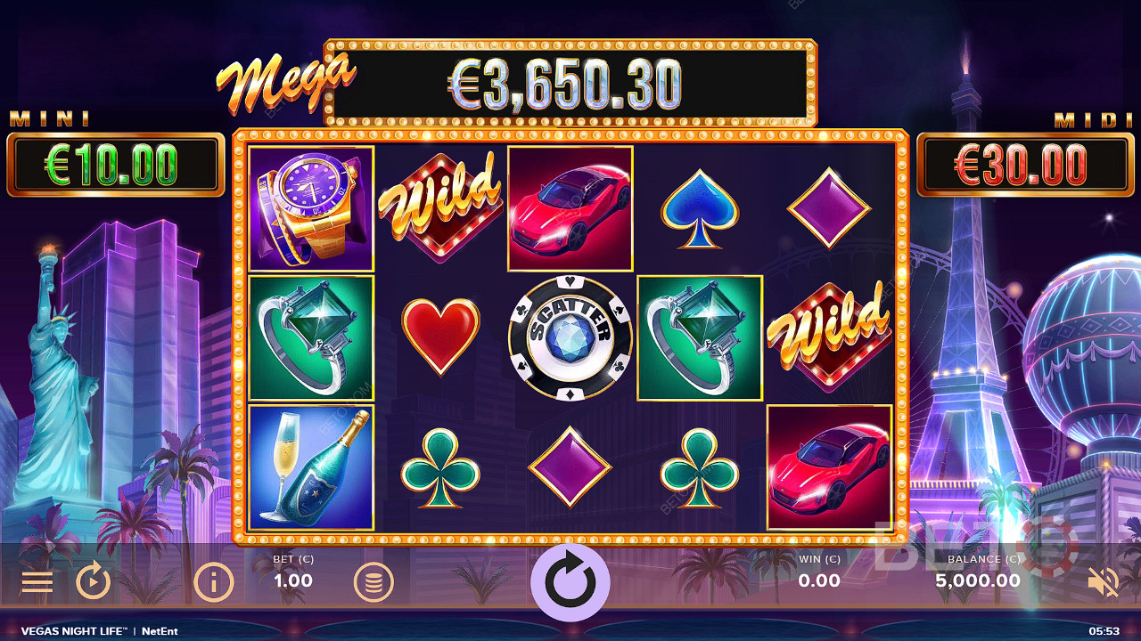 The Mega Jackpot keeps increasing in the Vegas Night Life slot