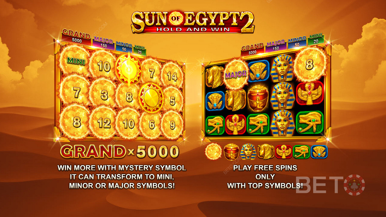 Enjoy Jackpots worth up to 5,000x of your bet and Free Spins in the Sun of Egypt 2 slot
