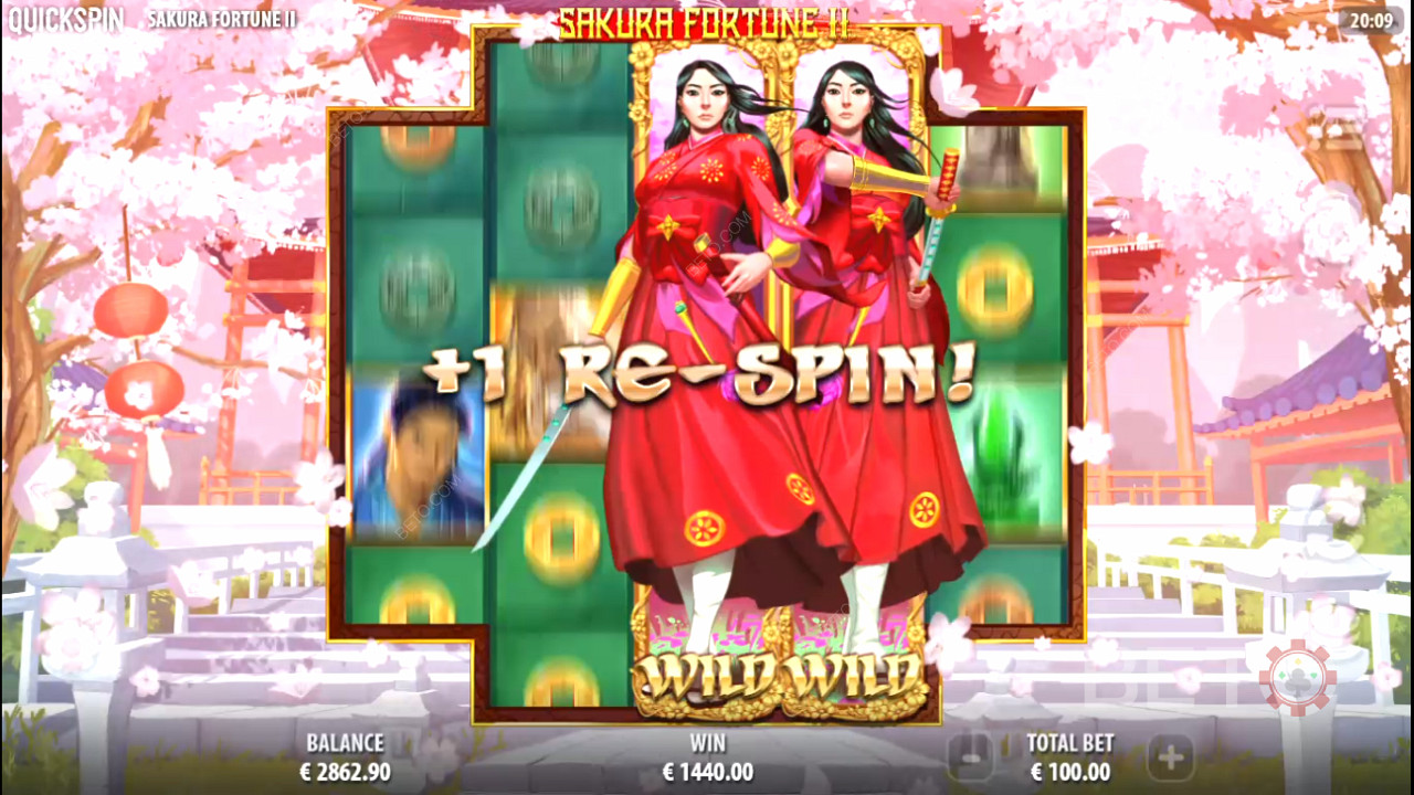 Enjoy Re-Spins after landing fully Stacked Sakura Wilds on the reels