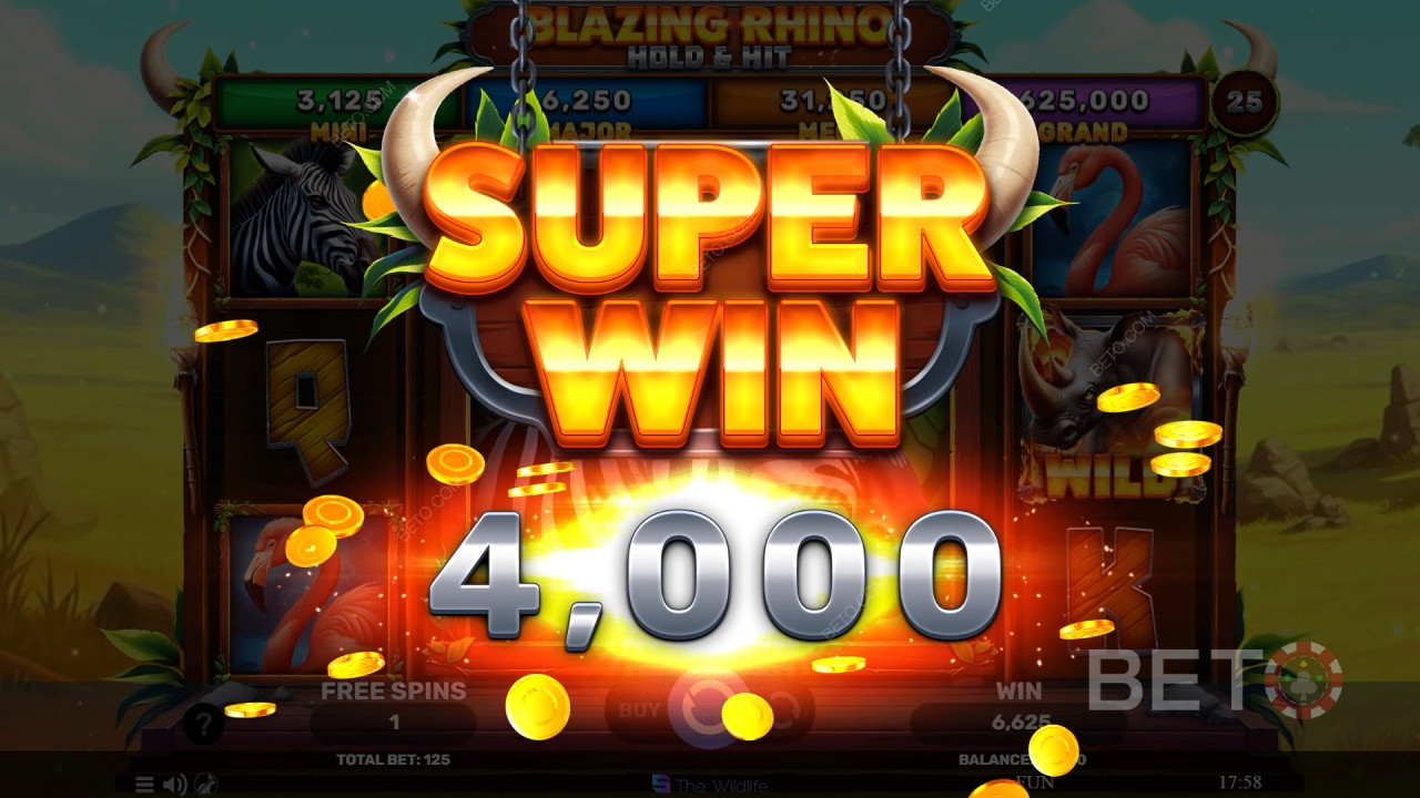 Win 5,000x Your bet in the Blazing Rhino Hold & Hit Video Slot!