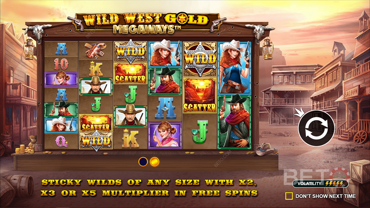 Sticky Wilds with Multipliers up to 5x are there in the Wild West Gold Megaways slot