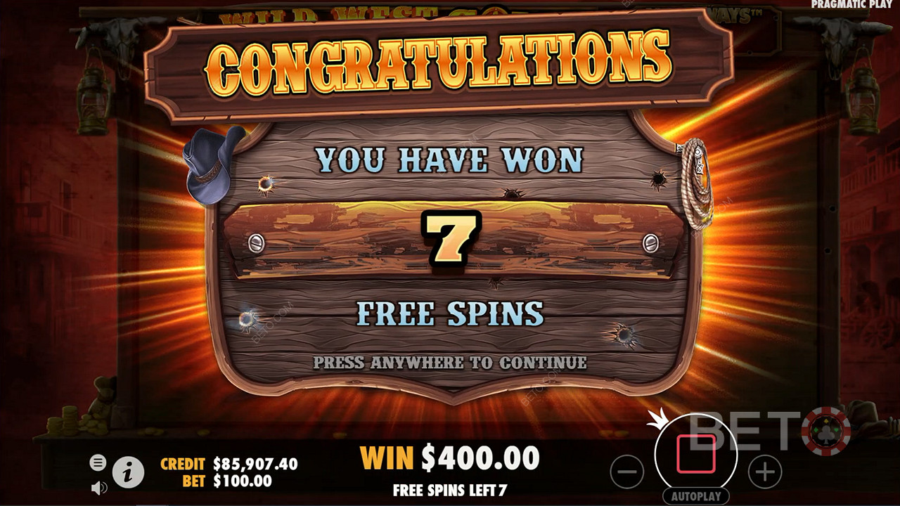 This game offers 7 Free Spins with Sticky Multiplier Wilds