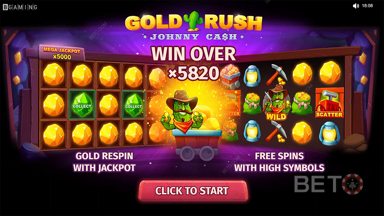 Enjoy Respins and Free Spins with high-paying symbols in Gold Rush With Johnny Cash slot