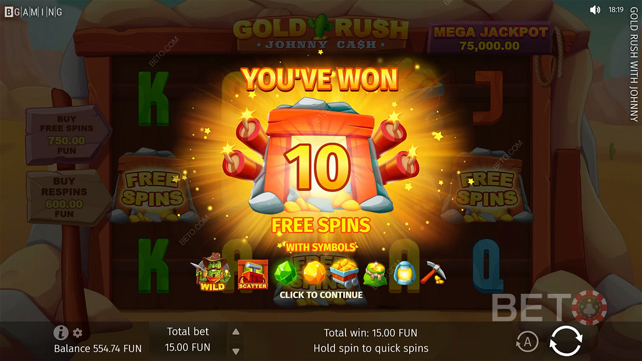 Win 10 Free Spins by landing 3 Scatters