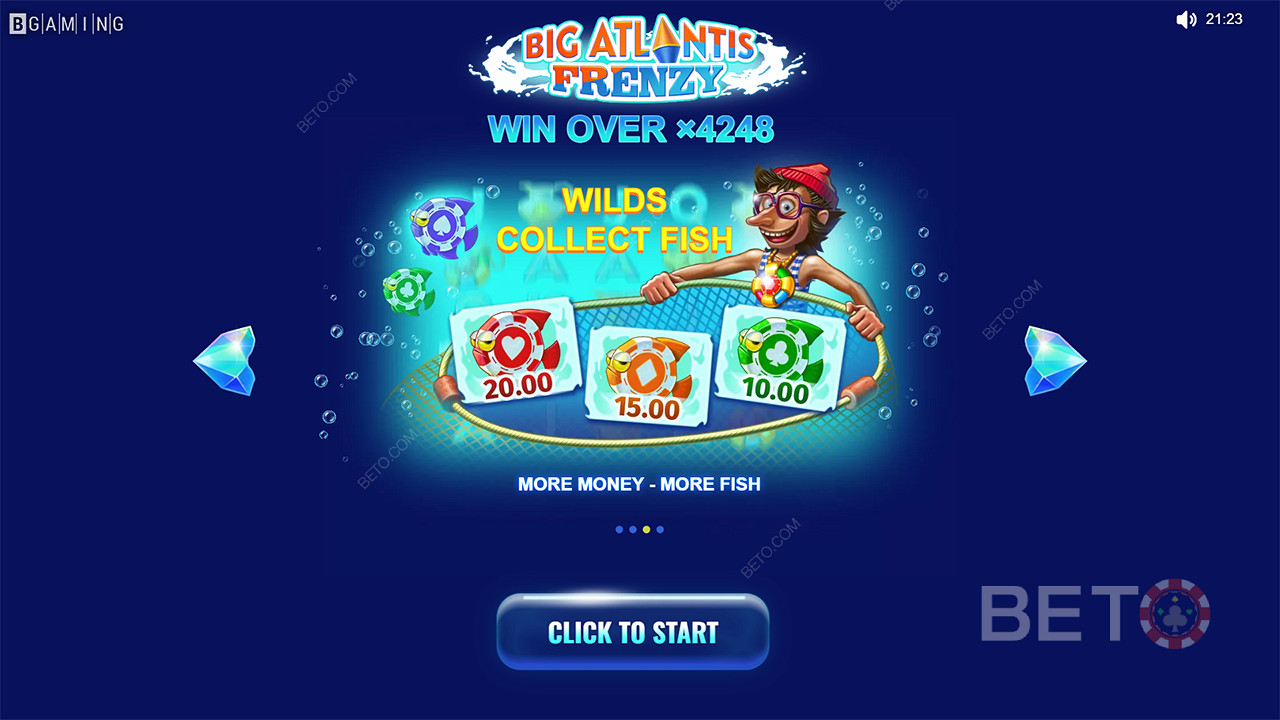 Wild symbols collect fish symbols and award wins in the Big Atlantis Frenzy slot