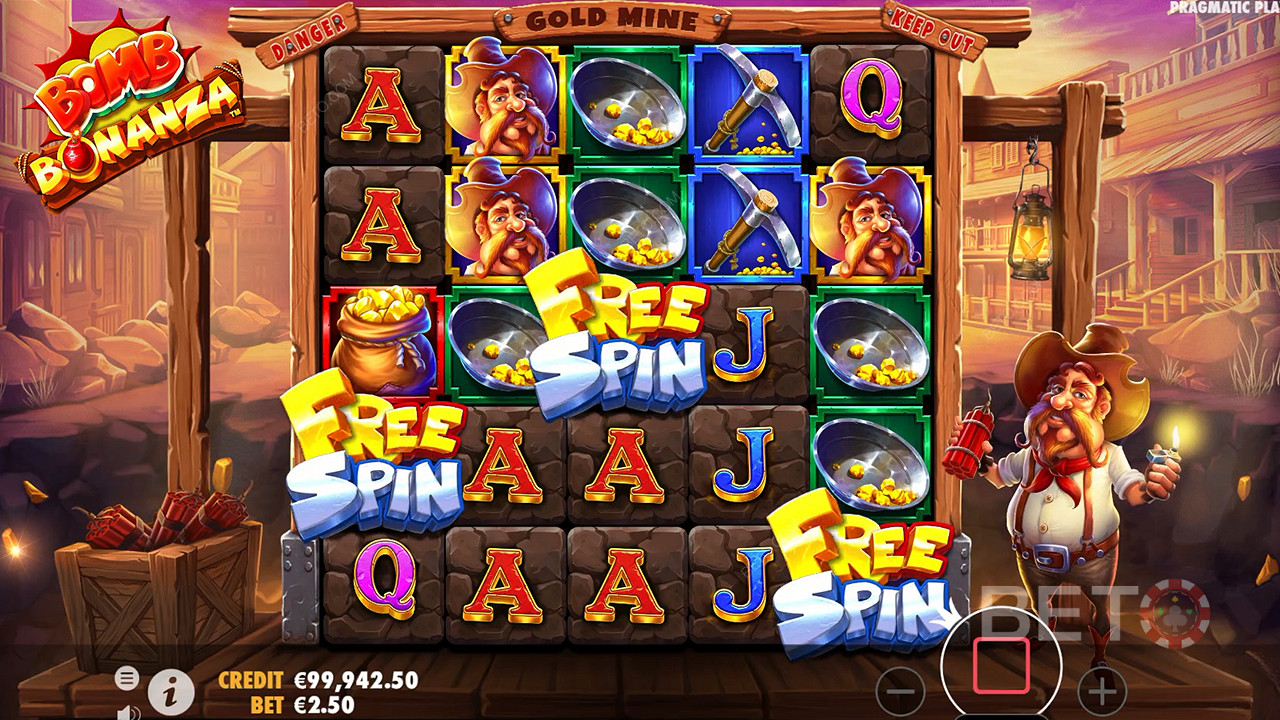 3 Scatters will trigger Free Spins in the Bomb Bonanza slot machine