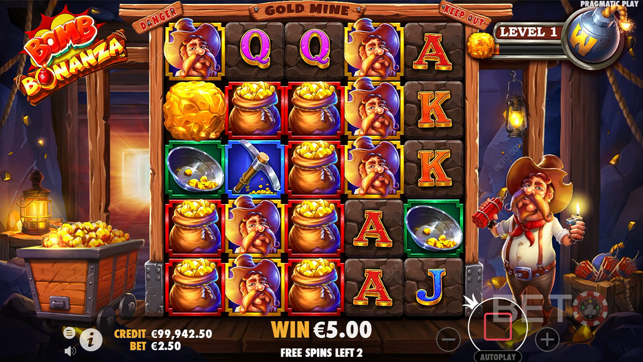 Collect Gold Nuggets in the Free Spins to advance through the levels