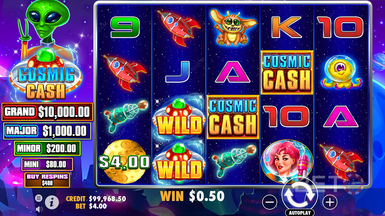 There are plenty of Wild symbols in the base game in the Cosmic Cash casino slot